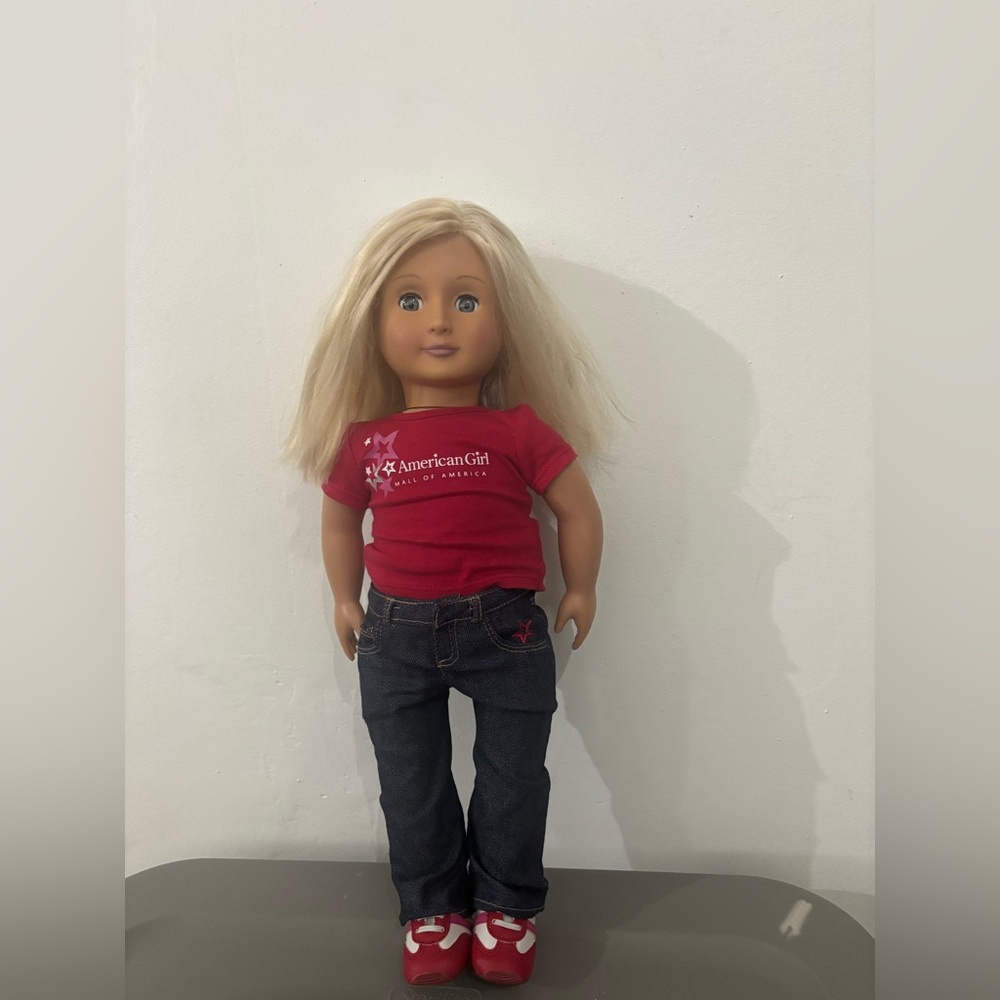 American Girl Doll in Red Top and Denim Pants